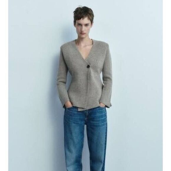 Zara Womens Sweater Blazer Peplum Size S Gray Knit Wool Blend Vneck 5755/113 NWT - Picture 1 of 10